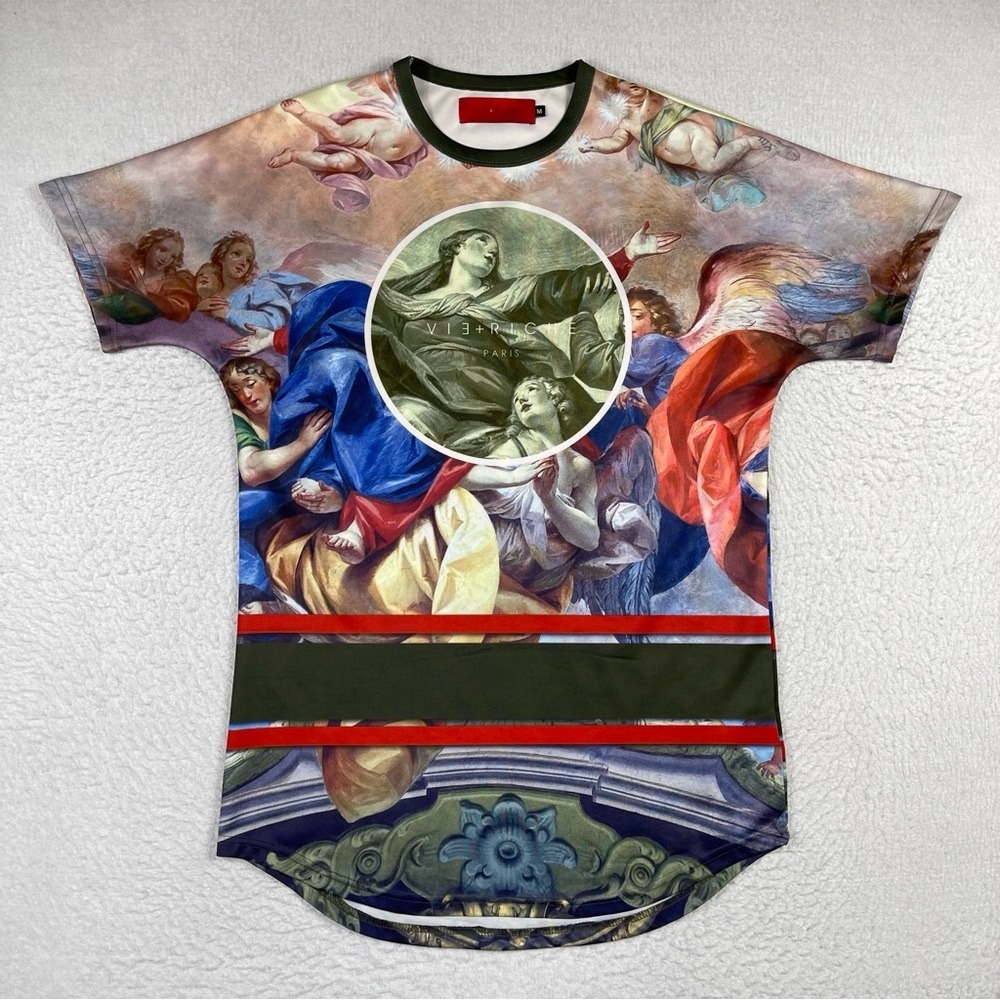 VIE + RICHE Shirt Mens Medium Art Graphic Print Religious‎ AOP Angels Tee